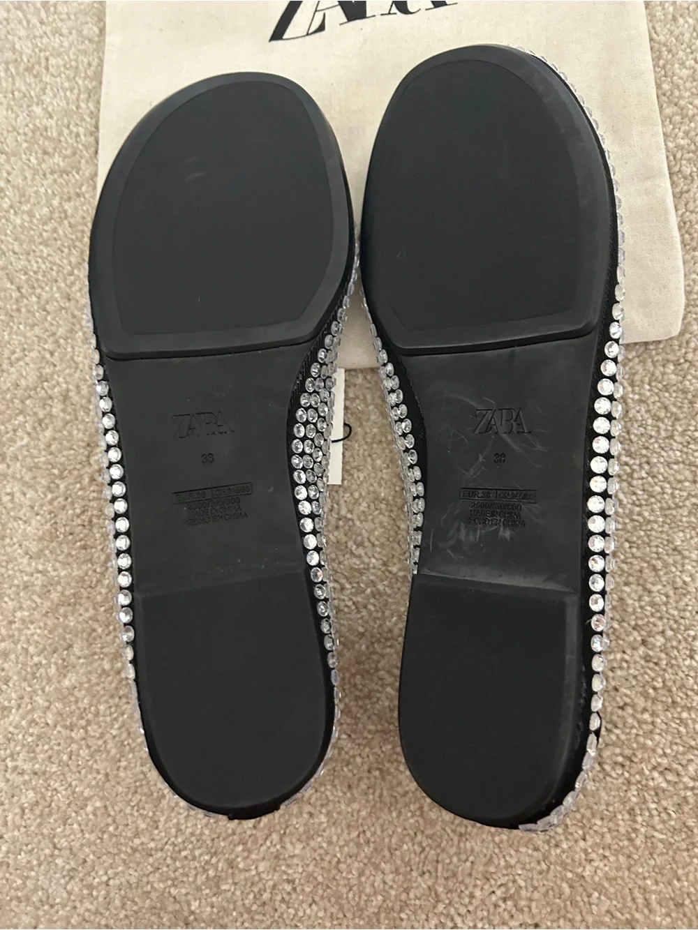 Zara black ballet flats with silver rhinestones